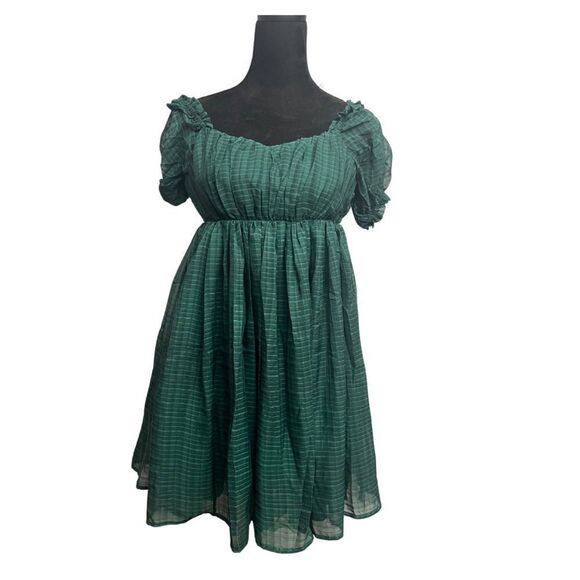 Unique Vintage Emerald Plaid Chiffon Belle Babydoll Dress - Picture 2 of 7